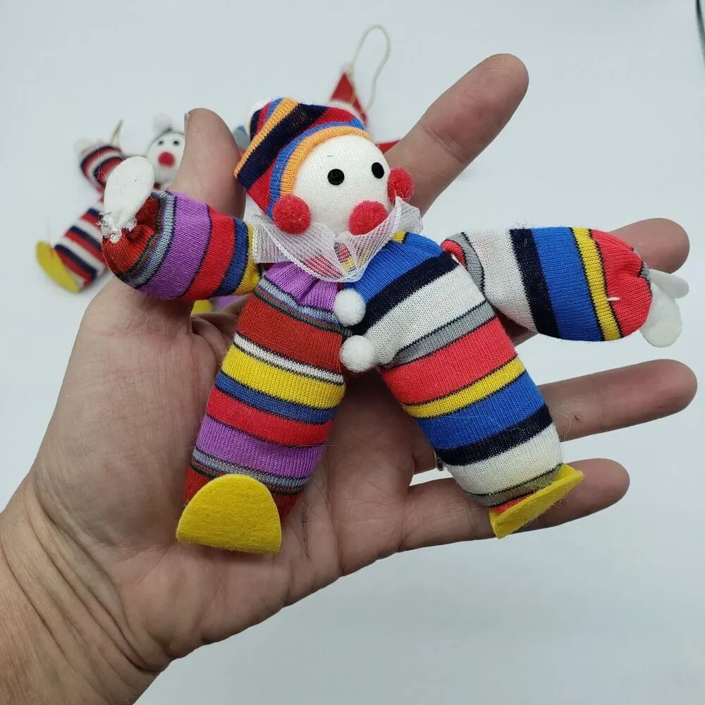 Vintage Cotton Stuffed Santa Christmas Ornament with 3 Elf Clown‎ Ornaments